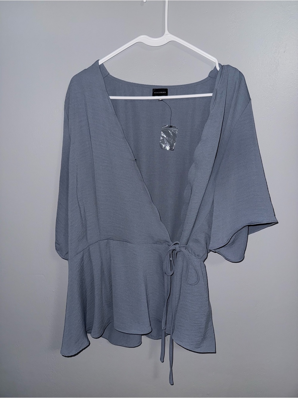Buckle Black Light Slate Blue Wrap Blouse with Tie Front